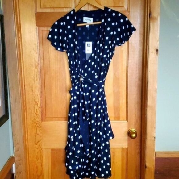 Joseph Ribkoff Wraparound Lined Midnight Blue Vanilla Polka Dot Sz 6 Cap Dress - Picture 1 of 11